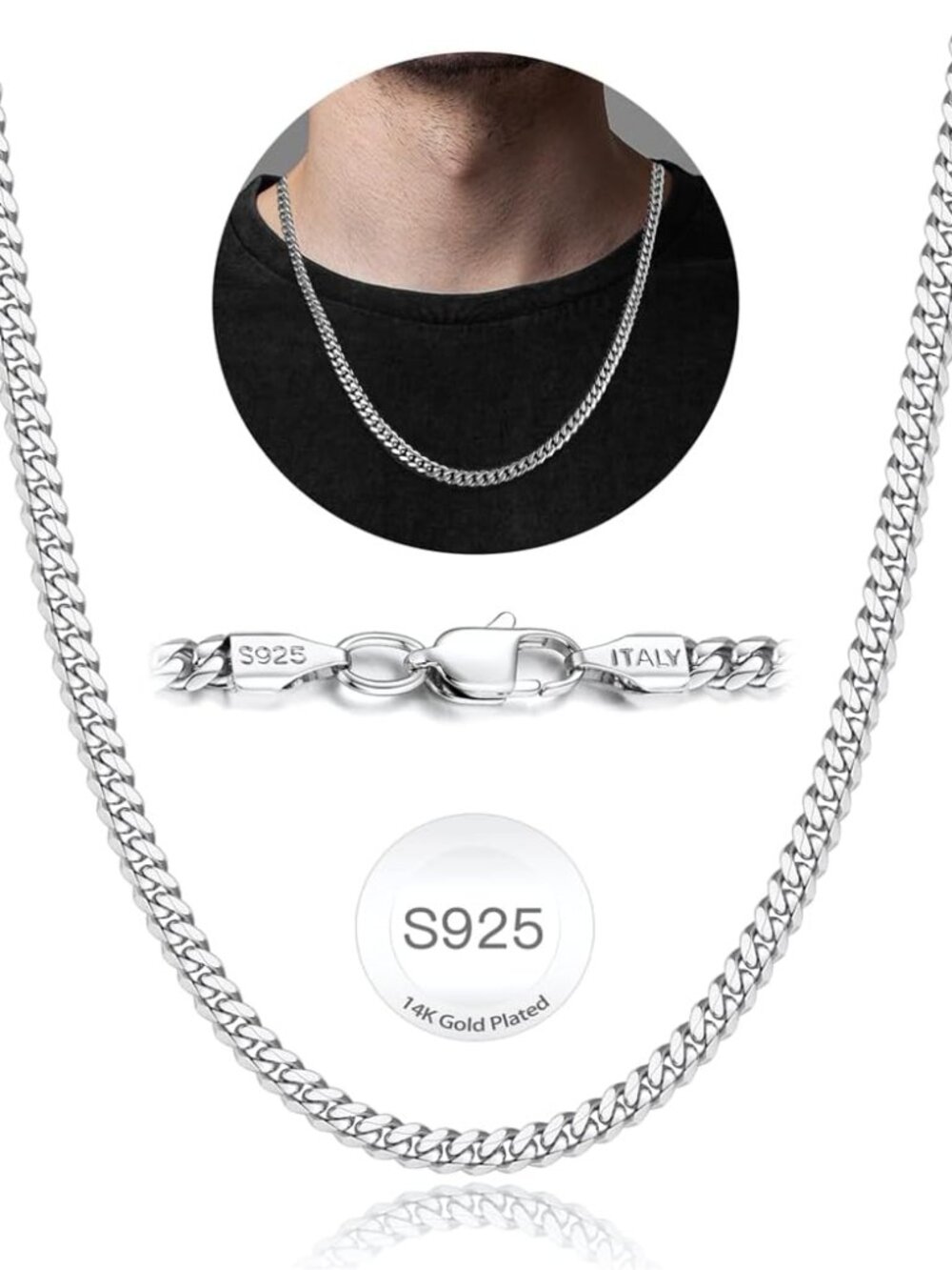 18K Real Gold Plated Over 925 Sterling Silver Chain for Men, 4mm Miami Mens Cuba